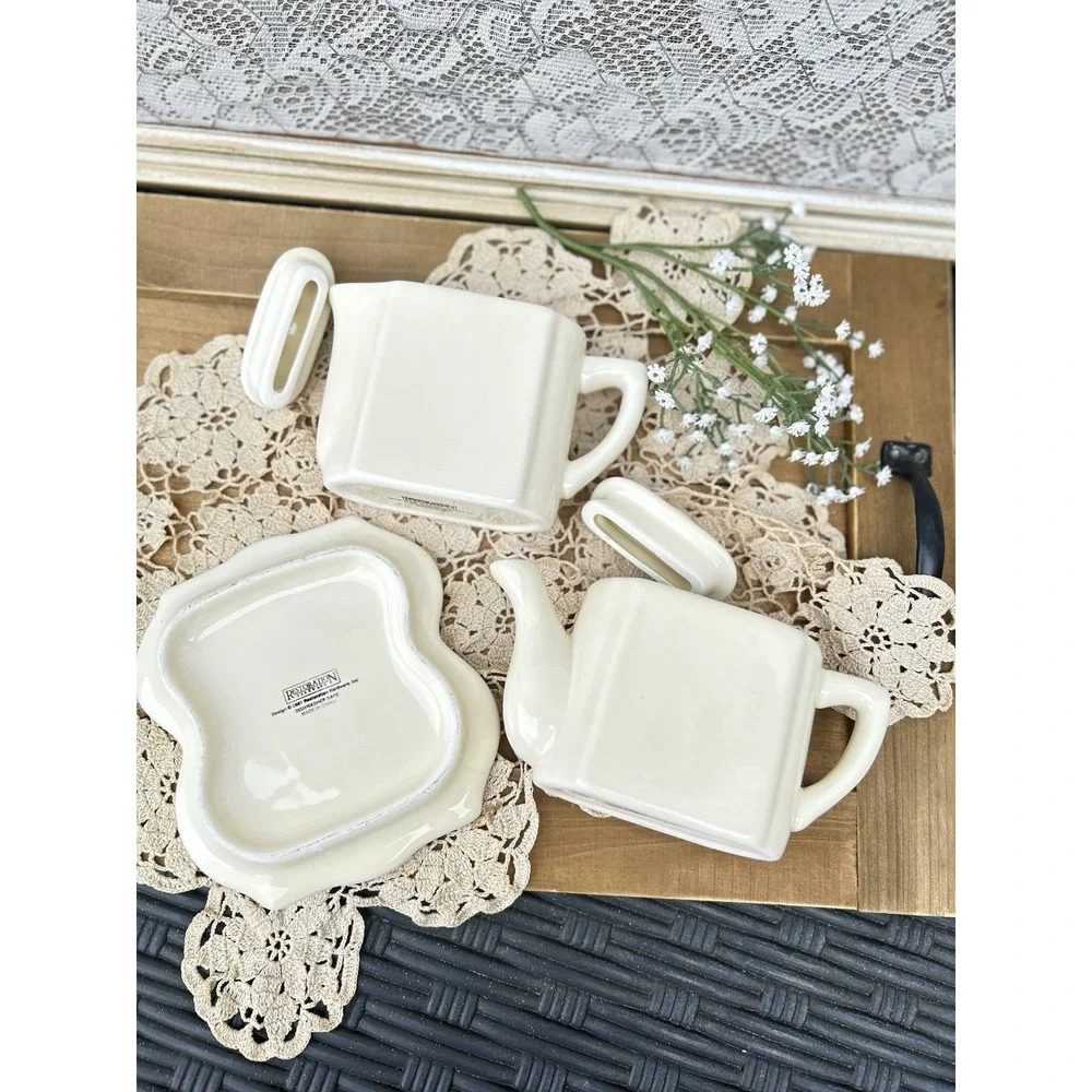 2001 RESTORATION HARDWARE CREAM STONEWARE TEA FOR TWO TEAPOTS SET WITH TRIVET